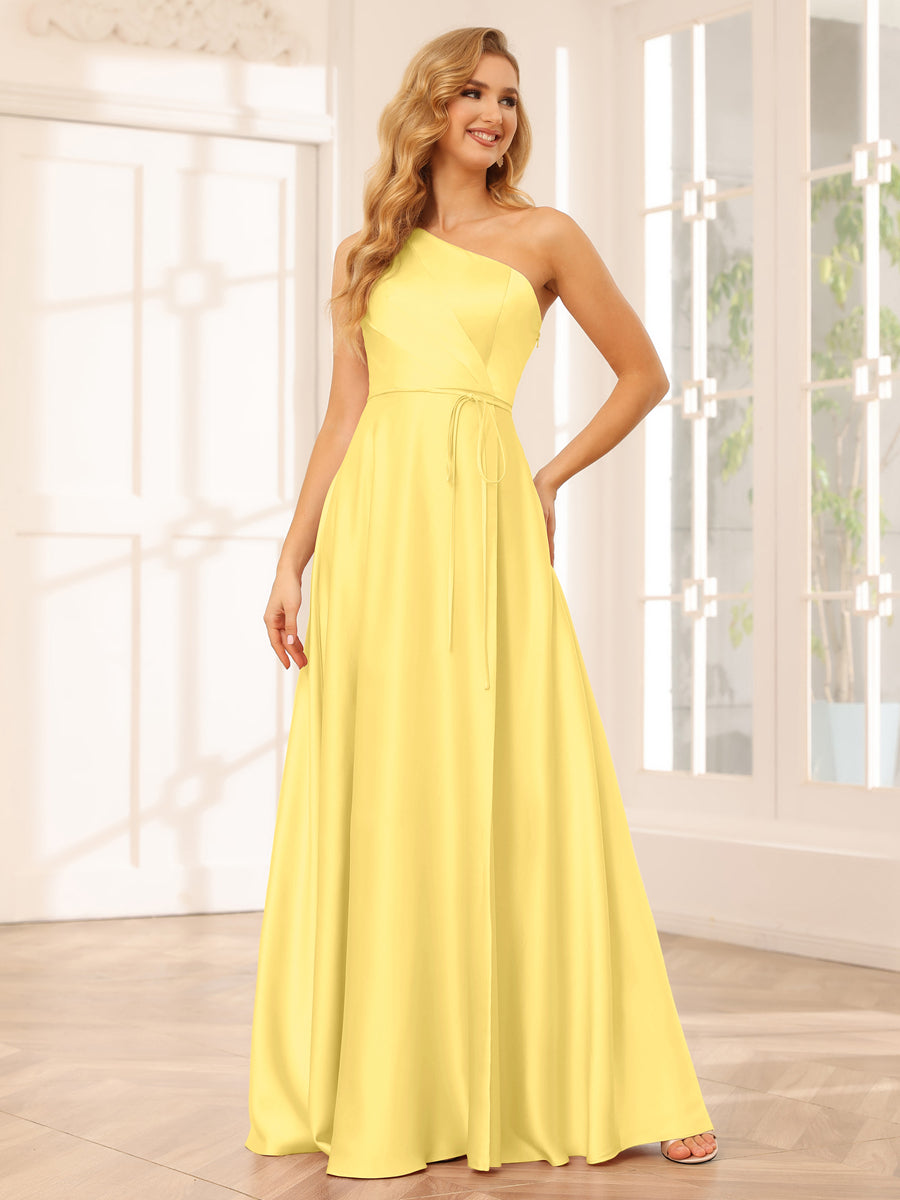 A-Line/Princess One-Shoulder Long Bridesmaid Dresses with Split Side & Sash Custom Color