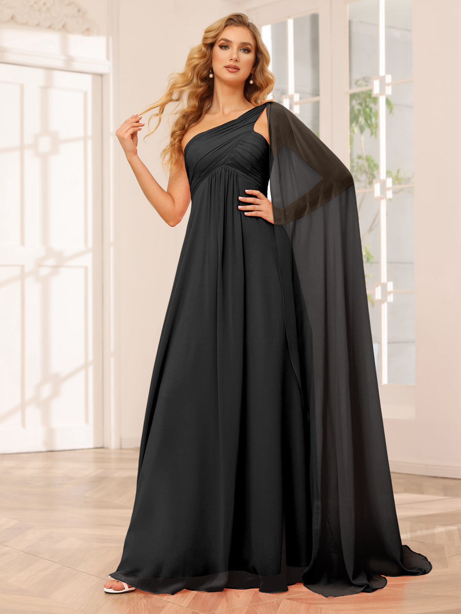 A-Line/Princess One-Shoulder Long Bridesmaid Dresses with Ruched Black