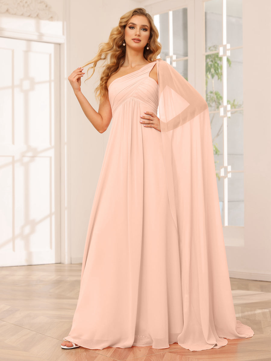 A-Line/Princess One-Shoulder Long Bridesmaid Dresses with Ruched Blush Pink
