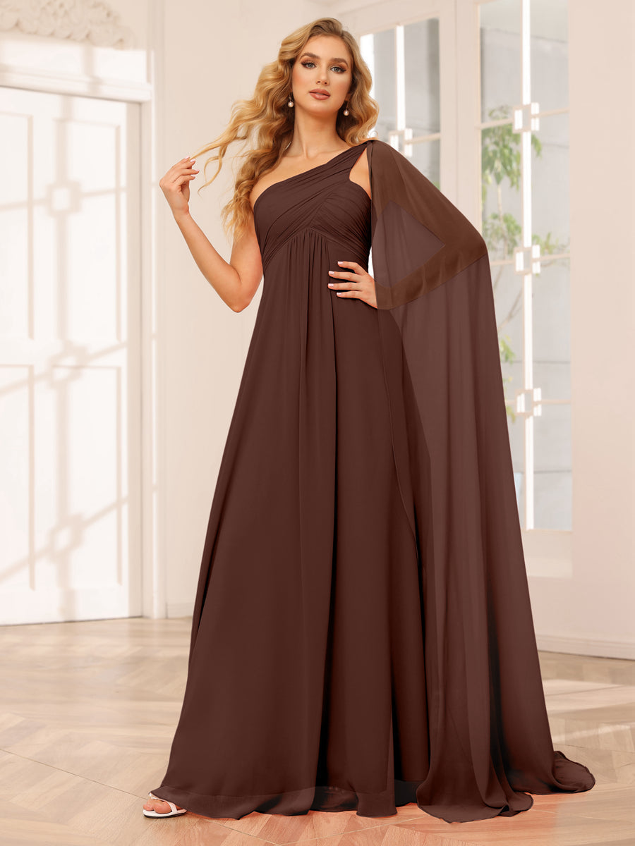 A-Line/Princess One-Shoulder Long Bridesmaid Dresses with Ruched Brown