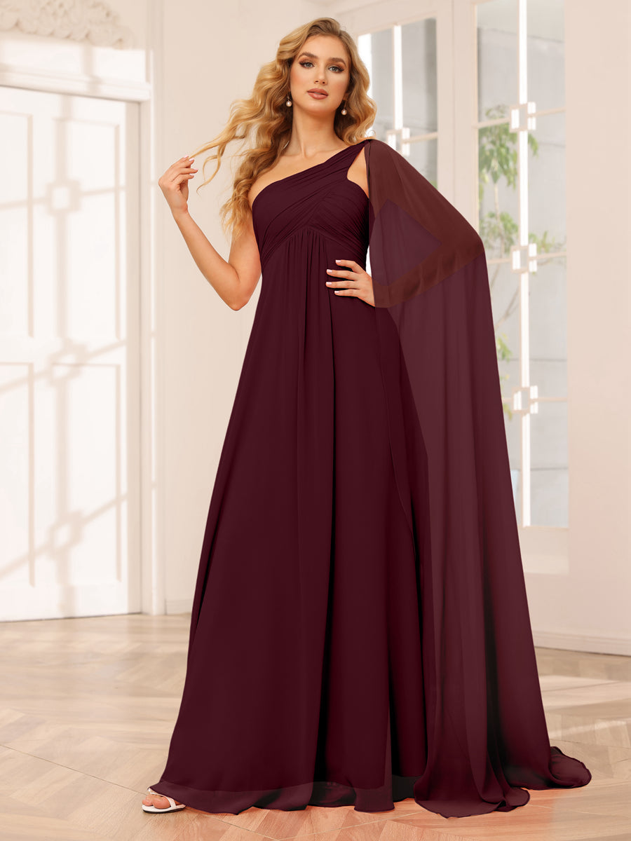 A-Line/Princess One-Shoulder Long Bridesmaid Dresses with Ruched Burgundy