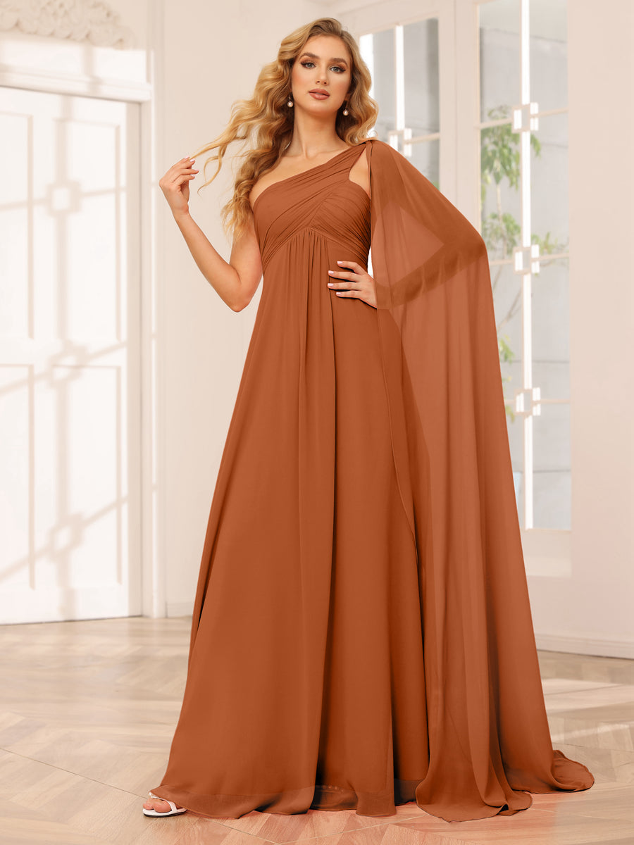 A-Line/Princess One-Shoulder Long Bridesmaid Dresses with Ruched Burnt Orange