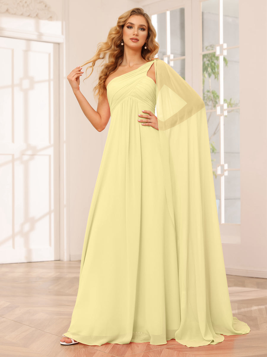 A-Line/Princess One-Shoulder Long Bridesmaid Dresses with Ruched Canary