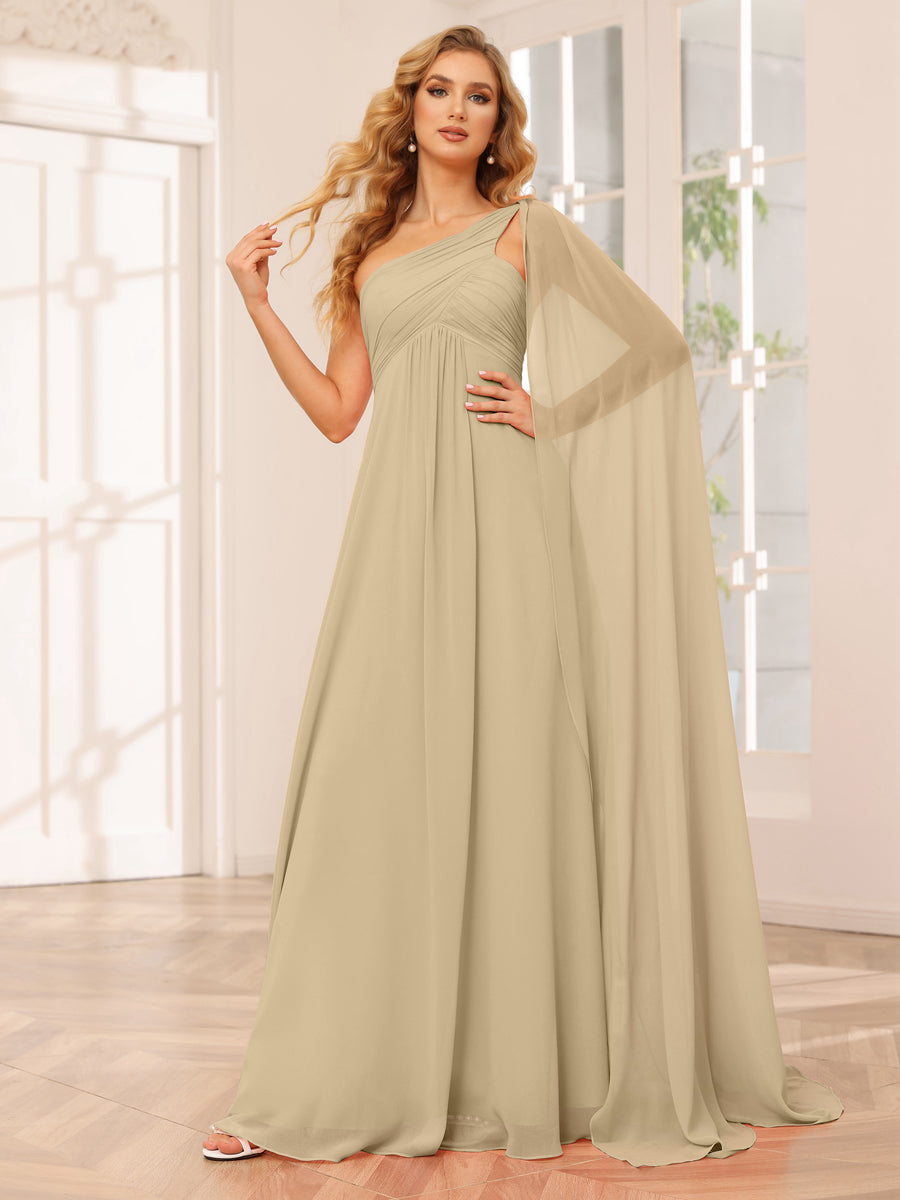 A-Line/Princess One-Shoulder Long Bridesmaid Dresses with Ruched Champagne