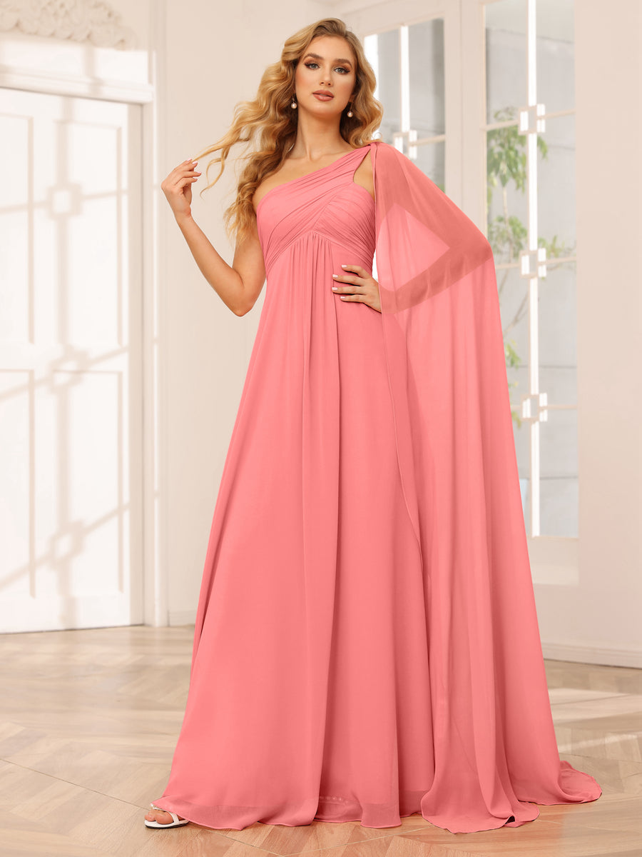 A-Line/Princess One-Shoulder Long Bridesmaid Dresses with Ruched Coral