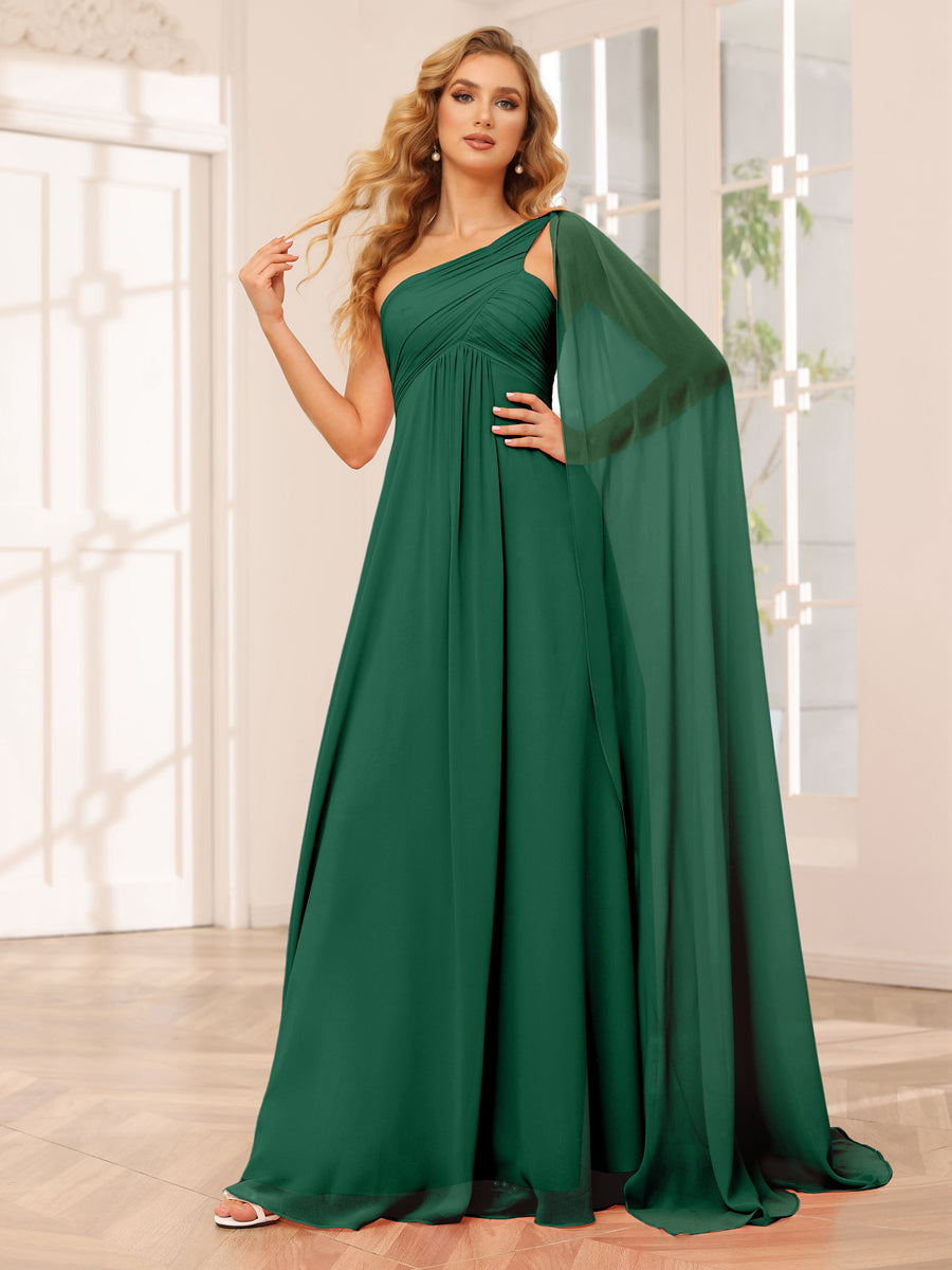 A-Line/Princess One-Shoulder Long Bridesmaid Dresses with Ruched Dark Green