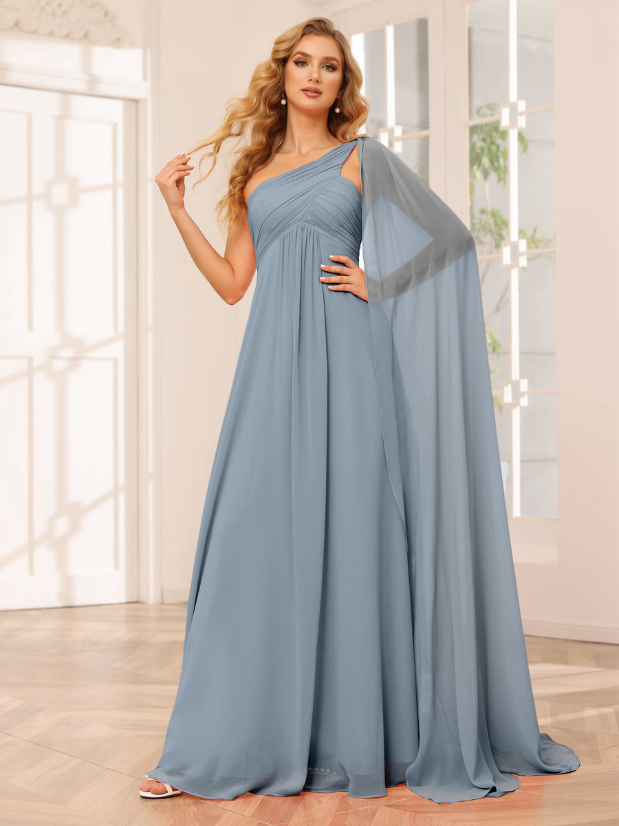 A-Line/Princess One-Shoulder Long Bridesmaid Dresses with Ruched Dusty Blue