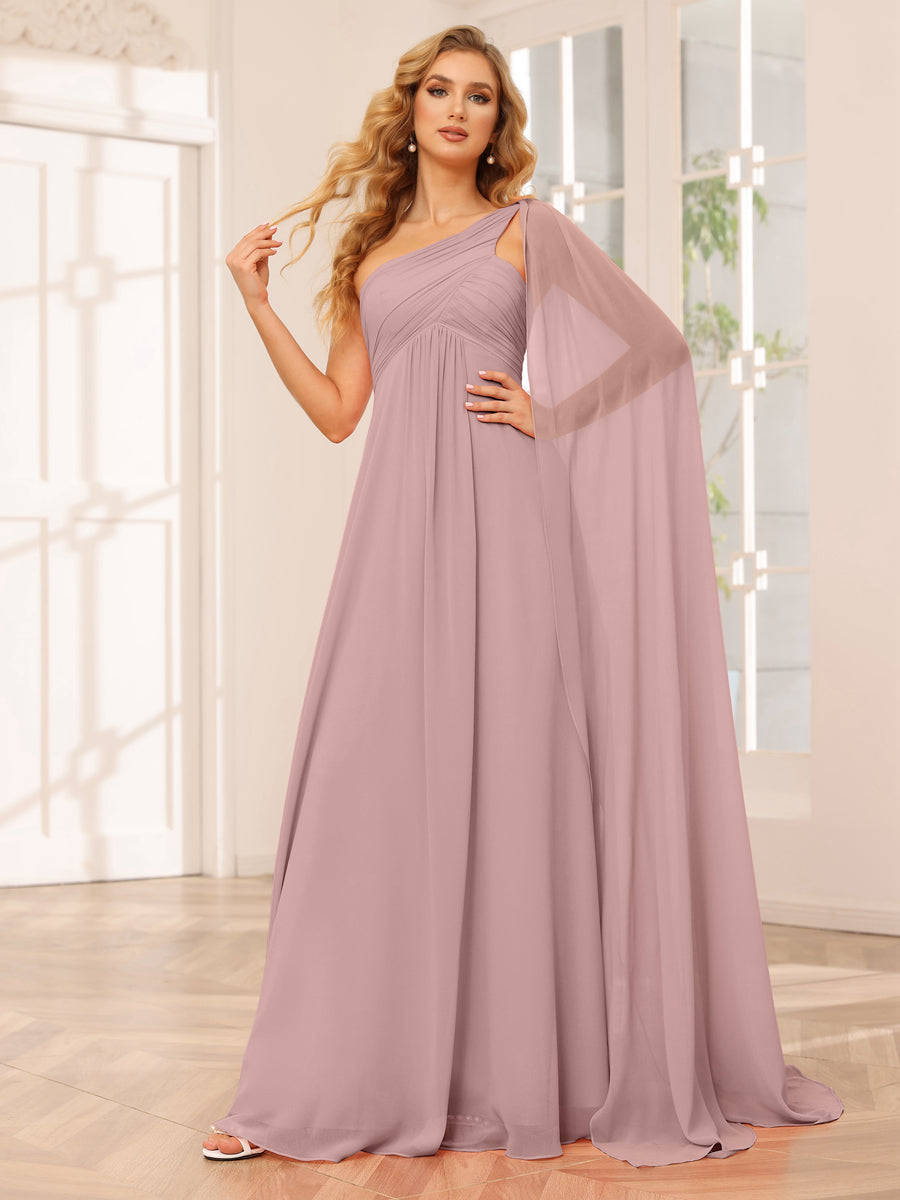 A-Line/Princess One-Shoulder Long Bridesmaid Dresses with Ruched Dusty Pink