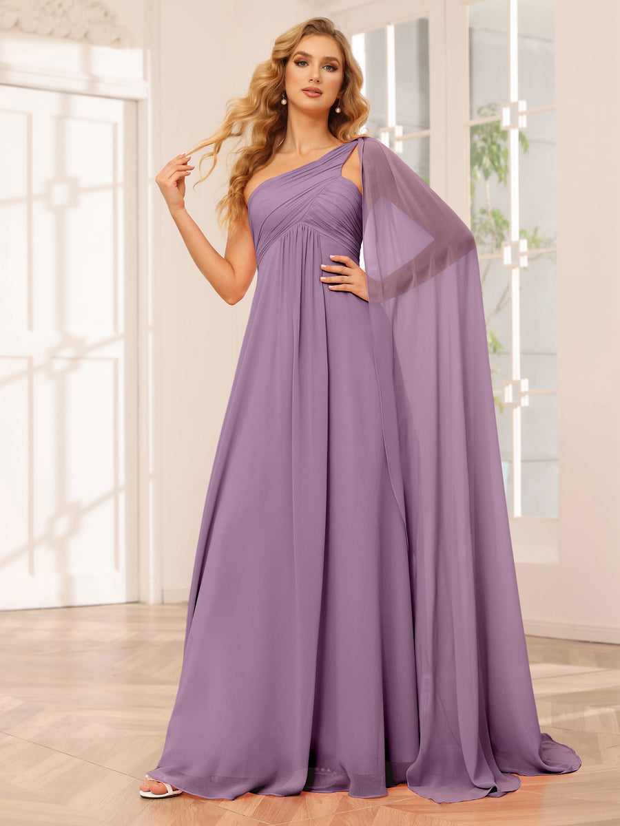 A-Line/Princess One-Shoulder Long Bridesmaid Dresses with Ruched Dusty Purple