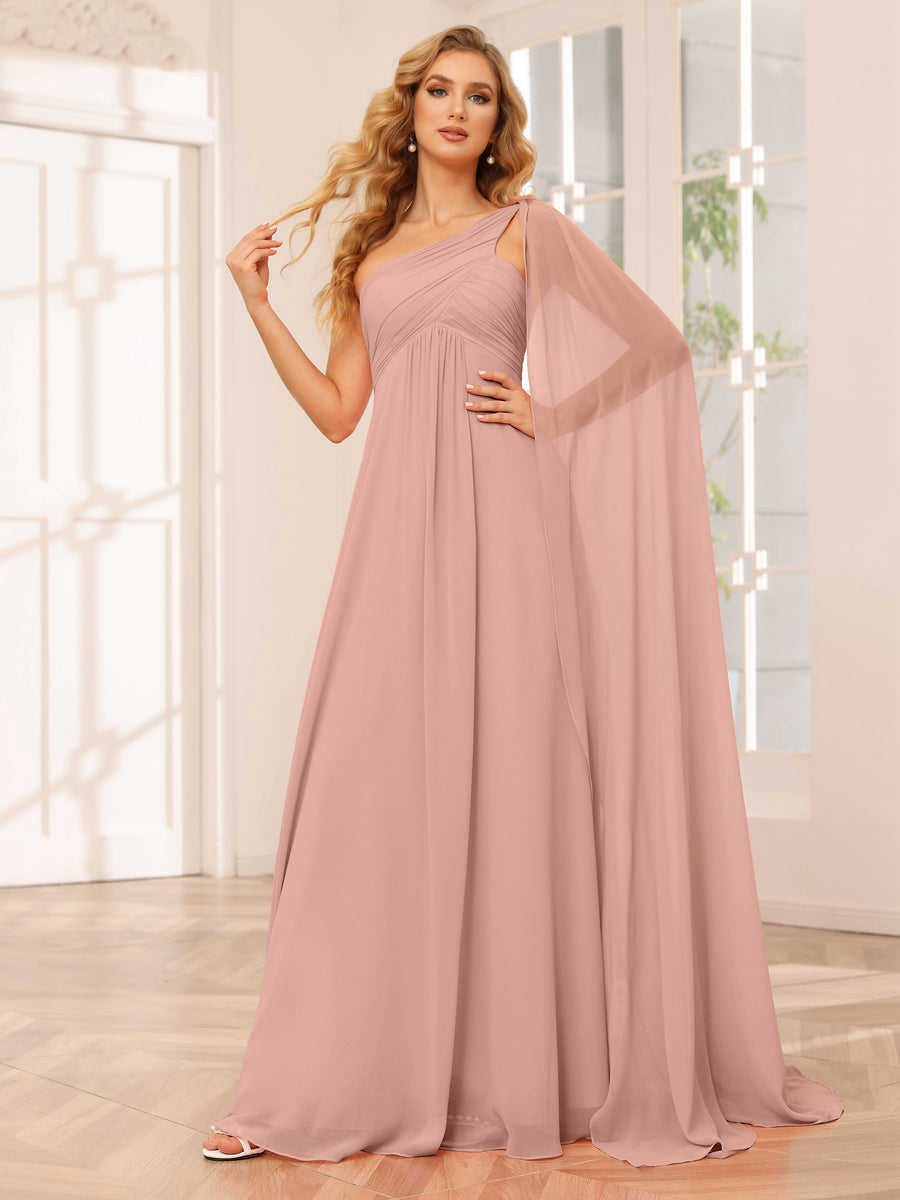 A-Line/Princess One-Shoulder Long Bridesmaid Dresses with Ruched Dusty Rose