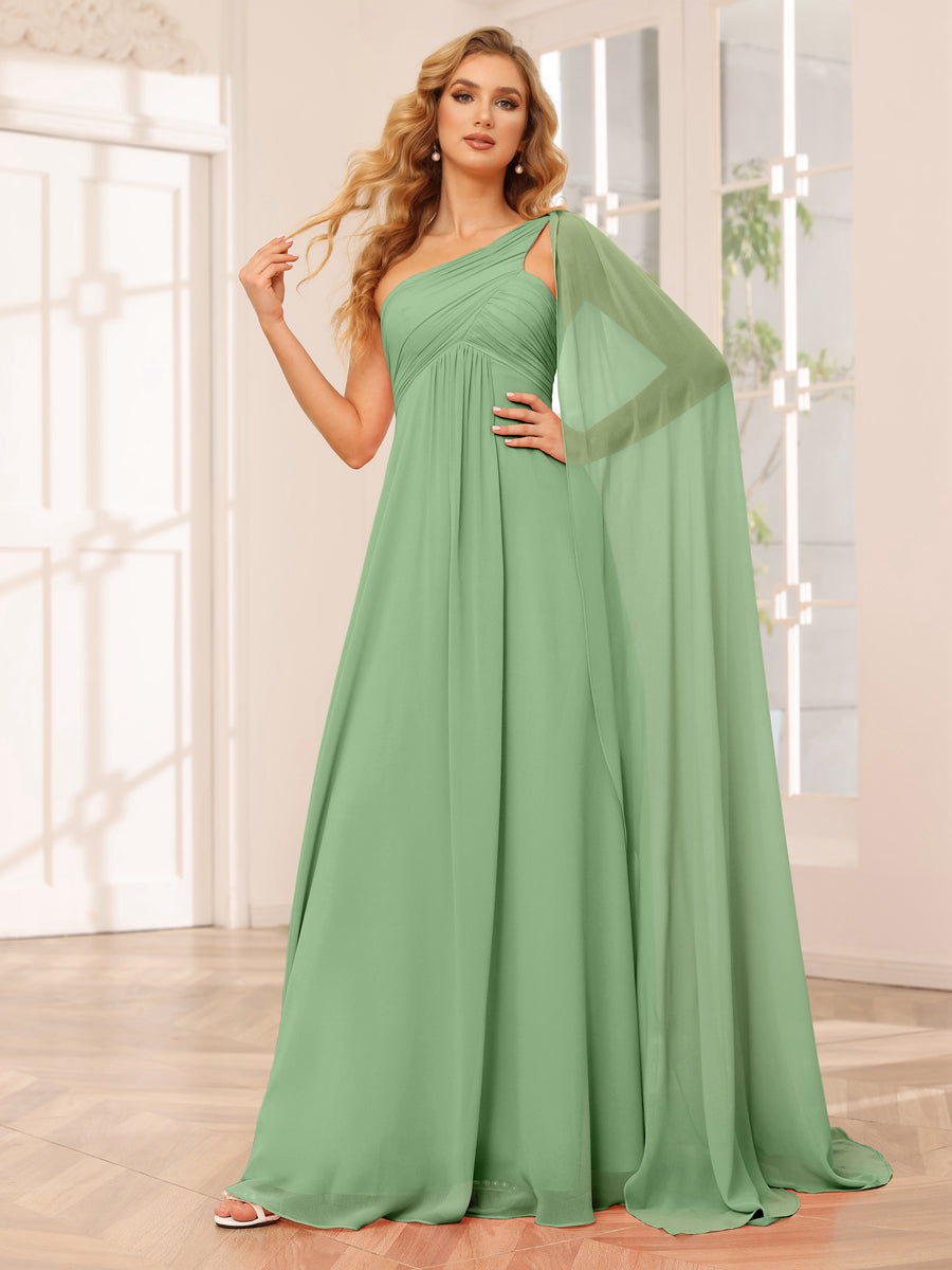 A-Line/Princess One-Shoulder Long Bridesmaid Dresses with Ruched Dusty Sage