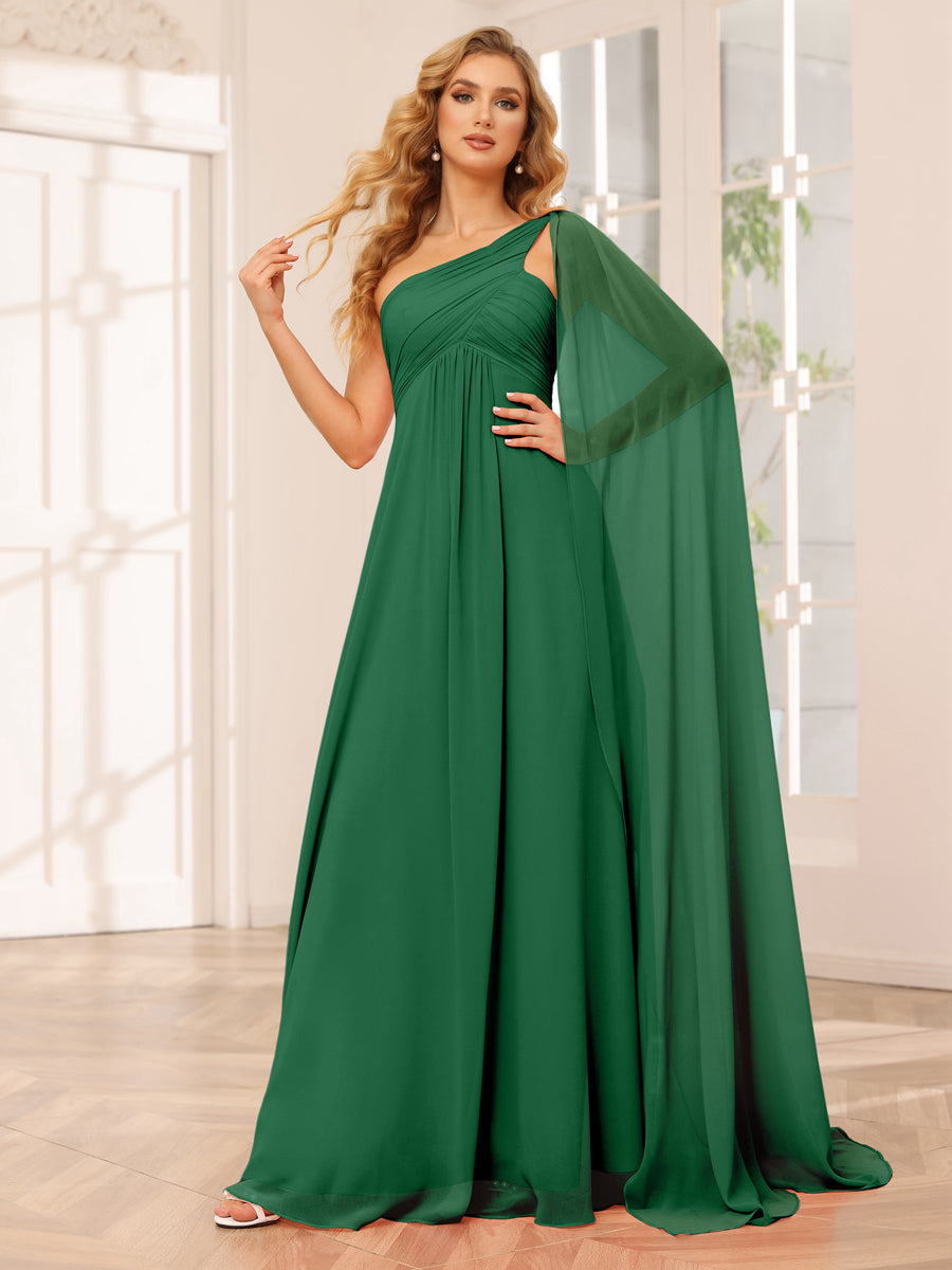 A-Line/Princess One-Shoulder Long Bridesmaid Dresses with Ruched Emerald