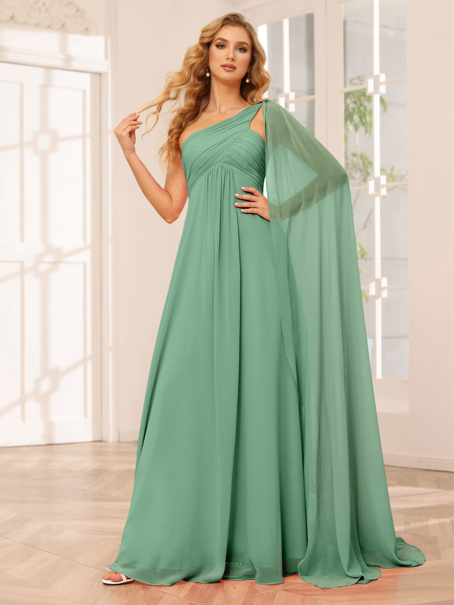 A-Line/Princess One-Shoulder Long Bridesmaid Dresses with Ruched Eucalyptus