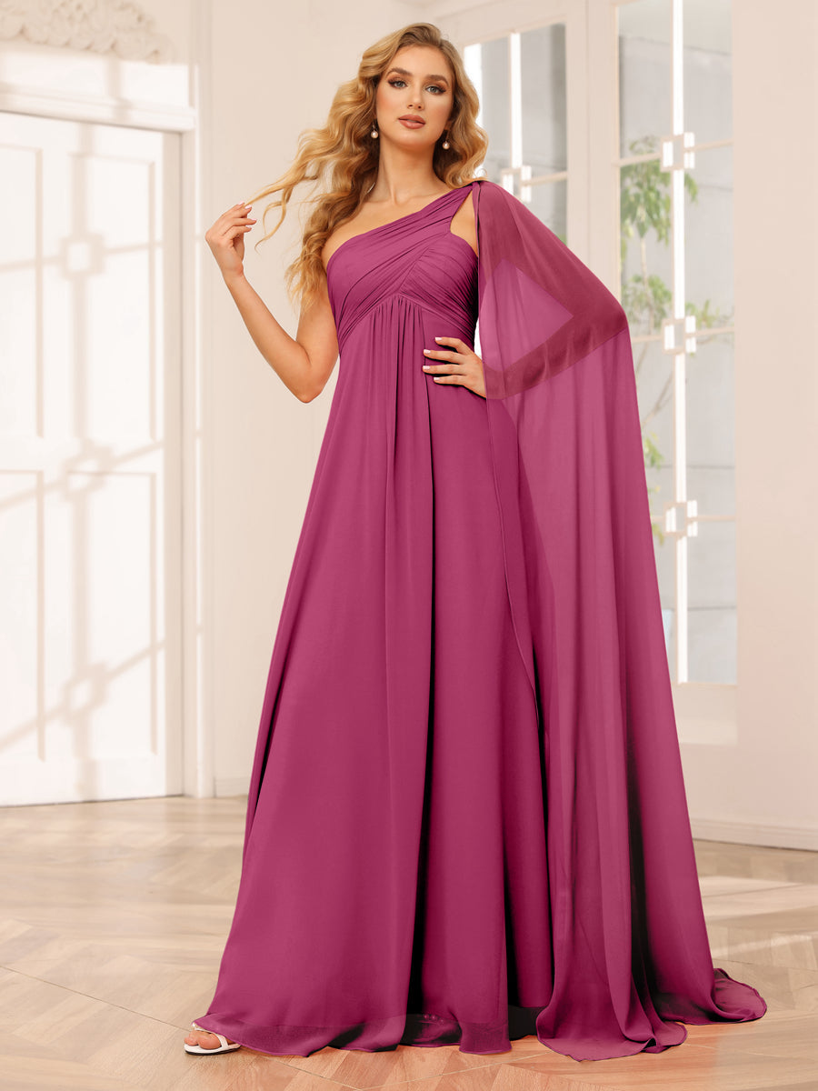 A-Line/Princess One-Shoulder Long Bridesmaid Dresses with Ruched Fuchsia