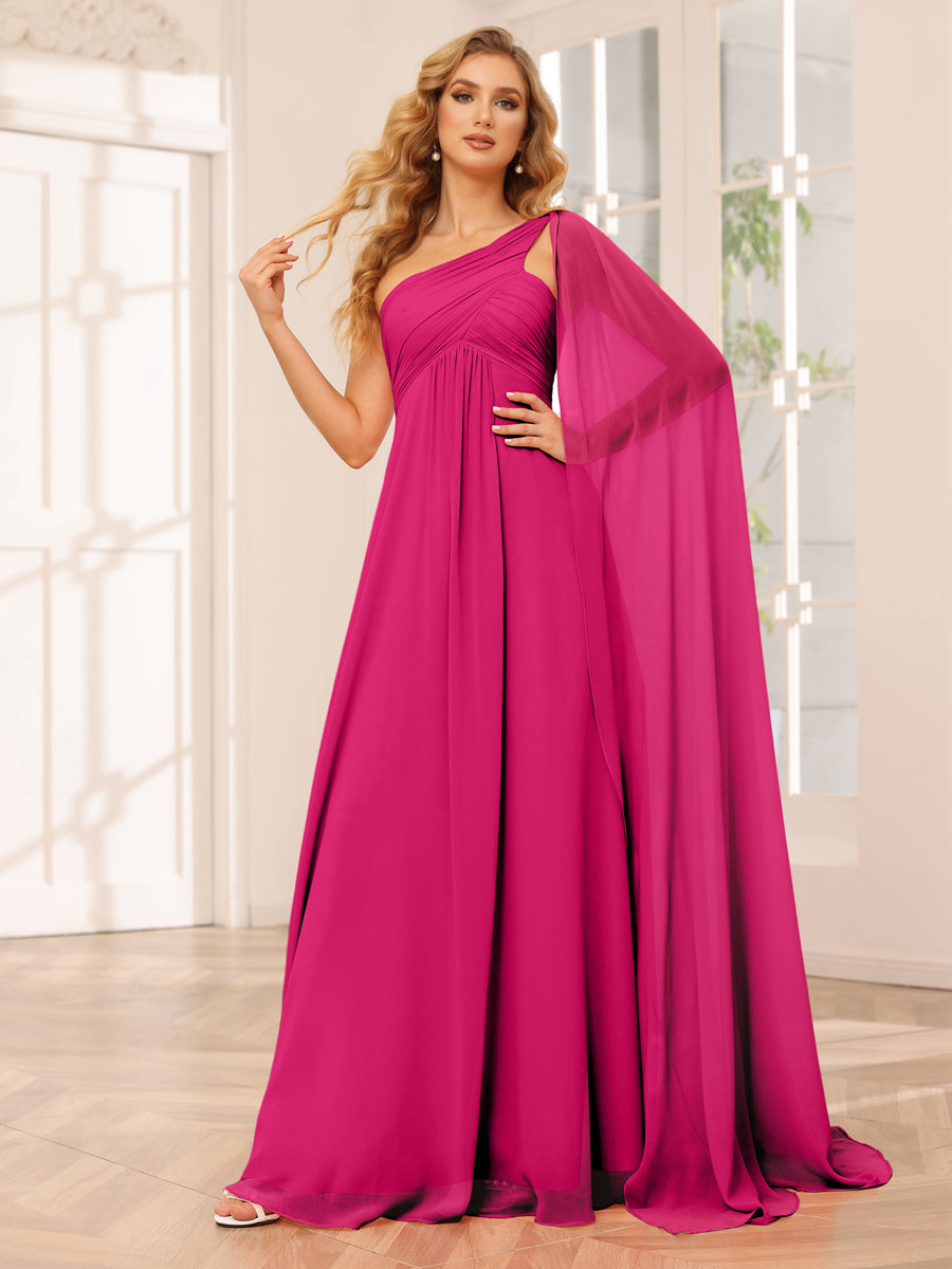 A-Line/Princess One-Shoulder Long Bridesmaid Dresses with Ruched Fuchsia Pink