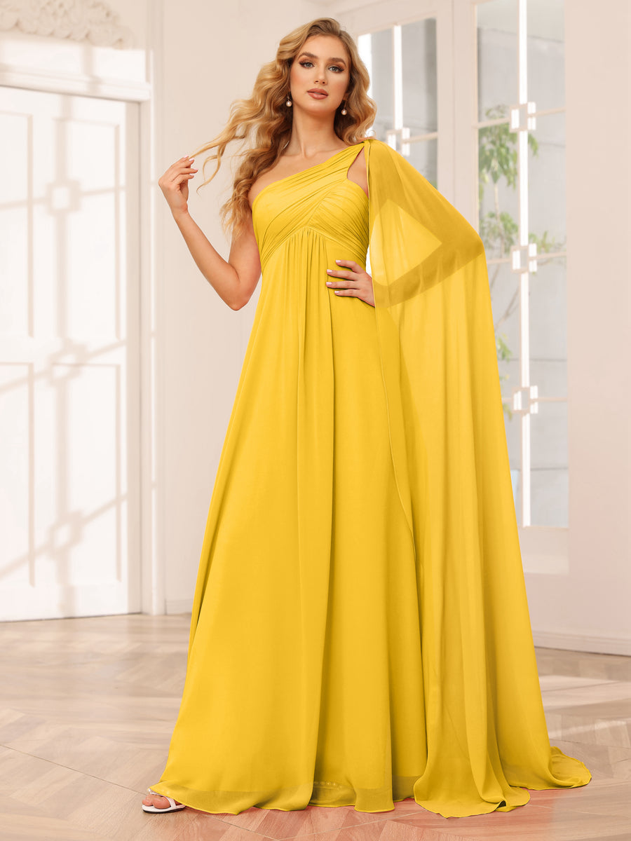 A-Line/Princess One-Shoulder Long Bridesmaid Dresses with Ruched Gold