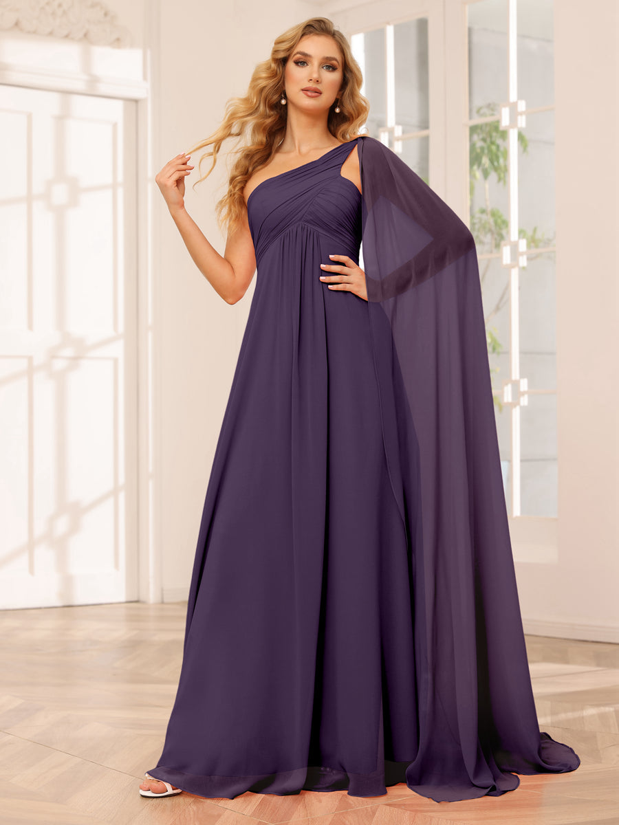 A-Line/Princess One-Shoulder Long Bridesmaid Dresses with Ruched Grape