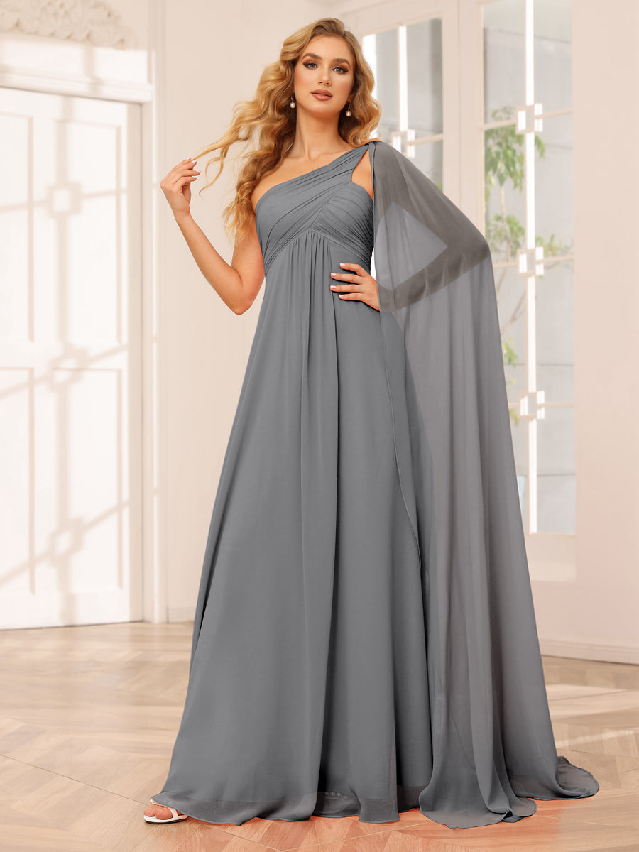 A-Line/Princess One-Shoulder Long Bridesmaid Dresses with Ruched Gray