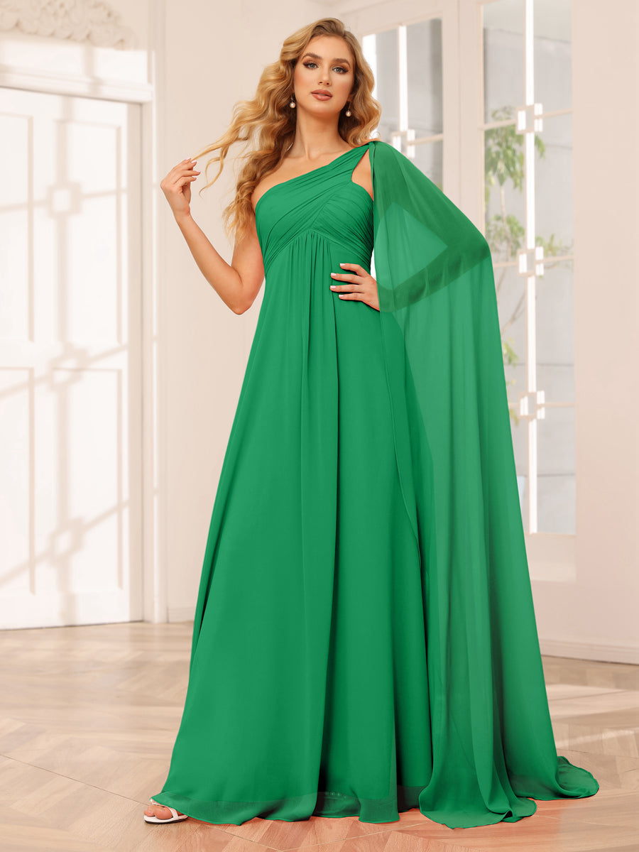 A-Line/Princess One-Shoulder Long Bridesmaid Dresses with Ruched Green