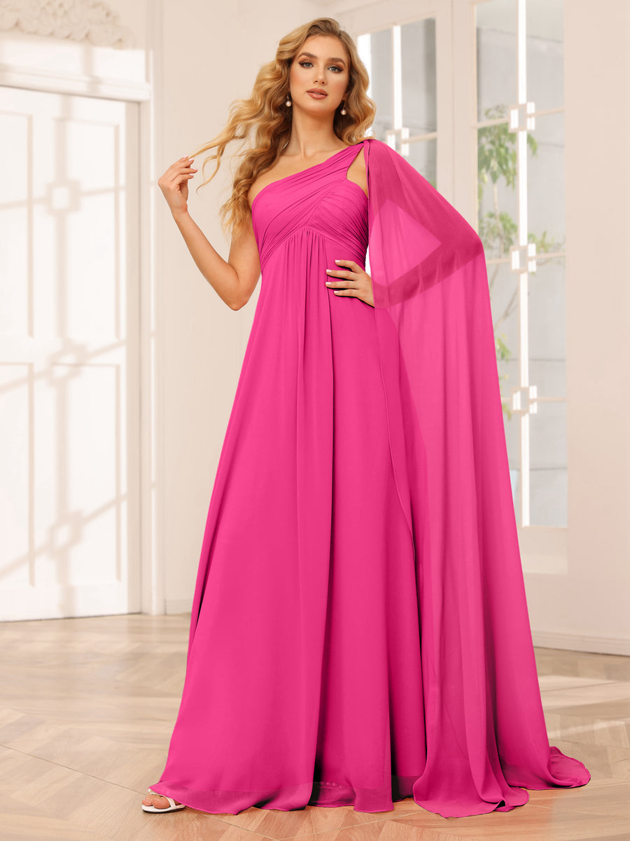 A-Line/Princess One-Shoulder Long Bridesmaid Dresses with Ruched Hot Pink