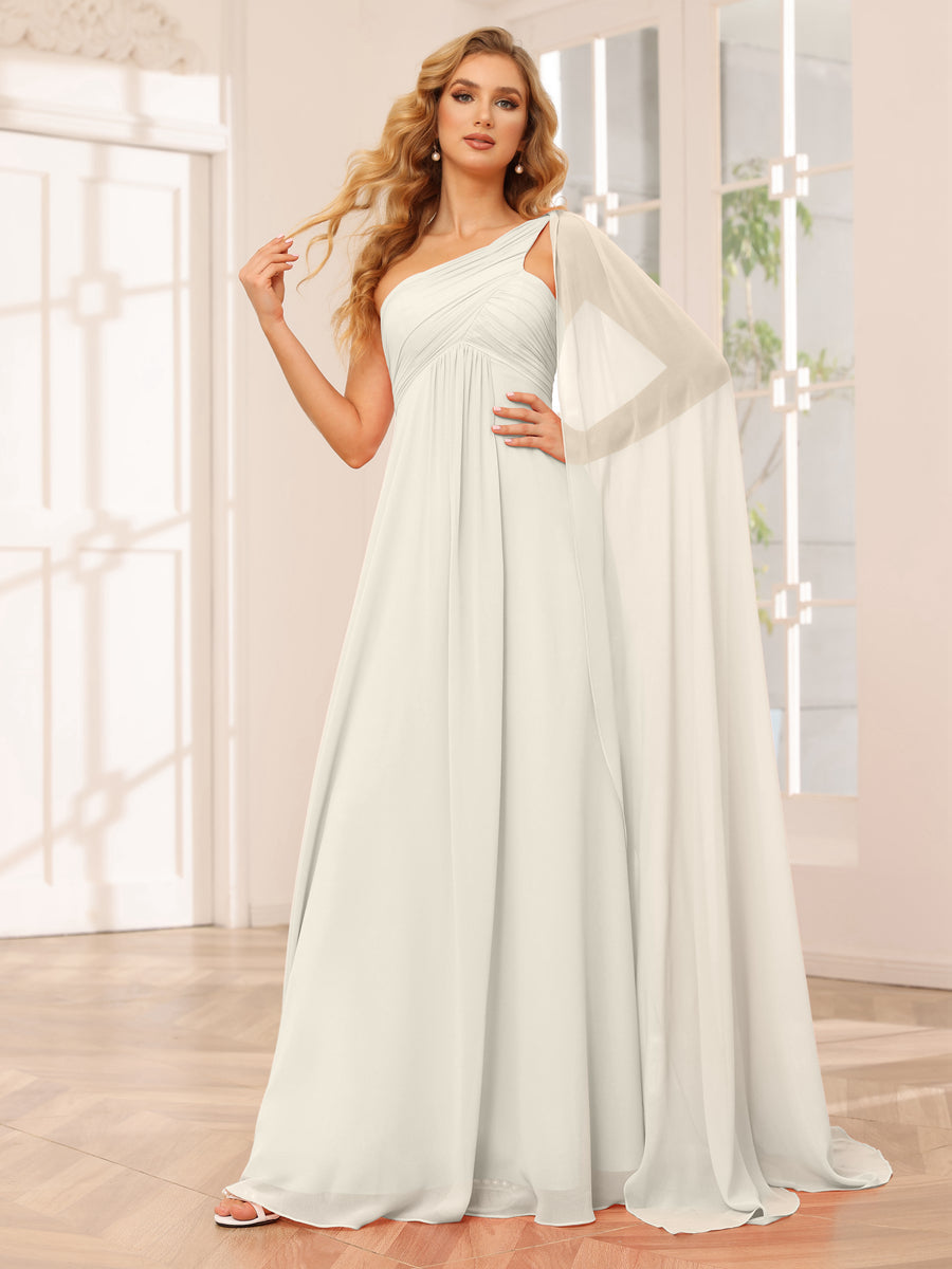 A-Line/Princess One-Shoulder Long Bridesmaid Dresses with Ruched Ivory