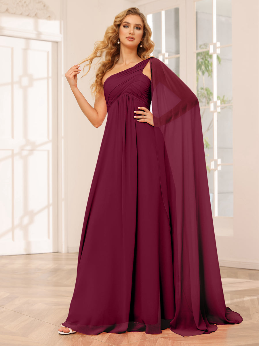 A-Line/Princess One-Shoulder Long Bridesmaid Dresses with Ruched Light Burgundy
