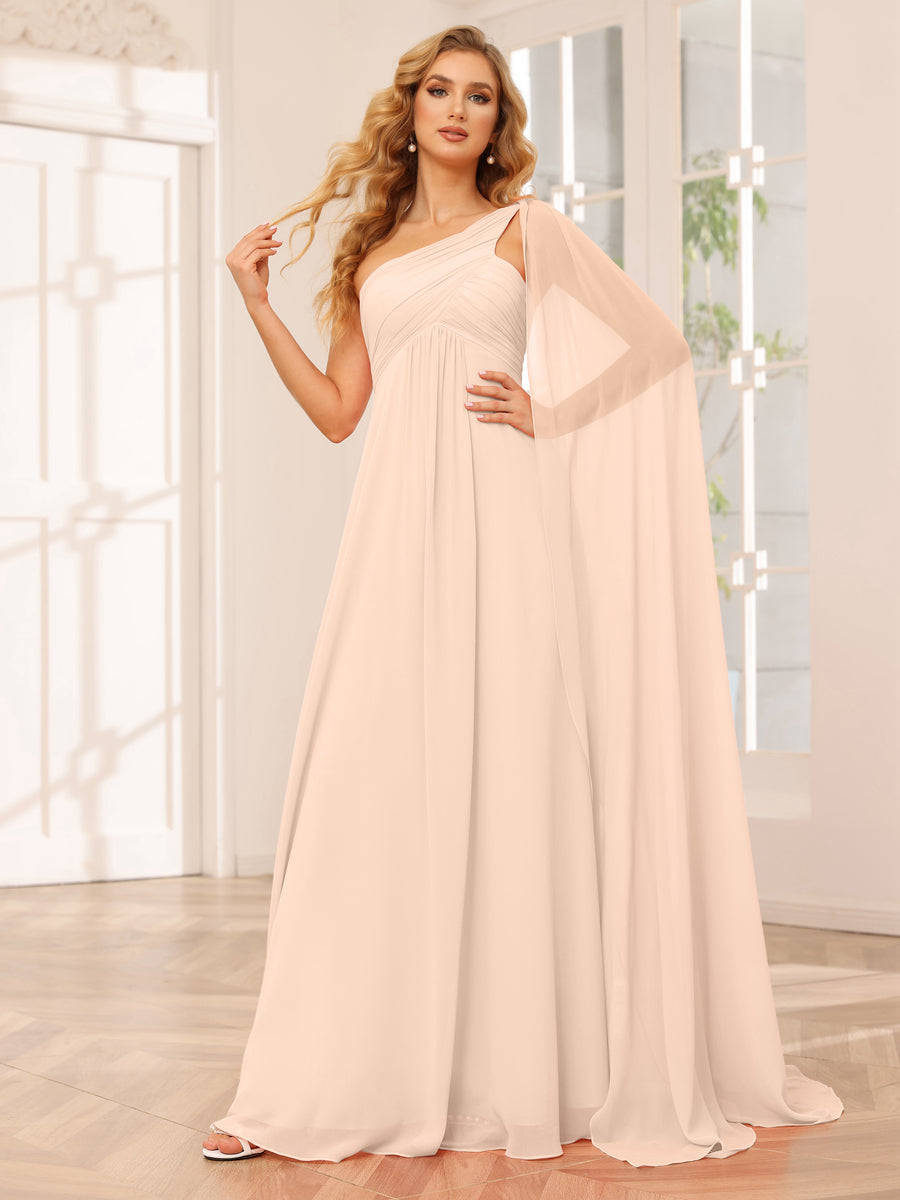 A-Line/Princess One-Shoulder Long Bridesmaid Dresses with Ruched Light Champagne