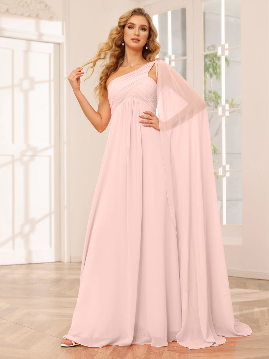 A-Line/Princess One-Shoulder Long Bridesmaid Dresses with Ruched Light Pink