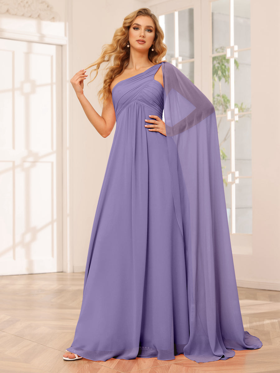 A-Line/Princess One-Shoulder Long Bridesmaid Dresses with Ruched Light Purple