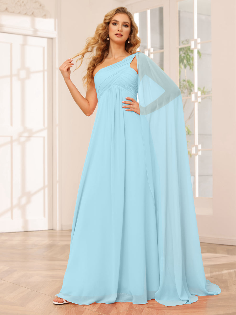 A-Line/Princess One-Shoulder Long Bridesmaid Dresses with Ruched Light Sky Blue