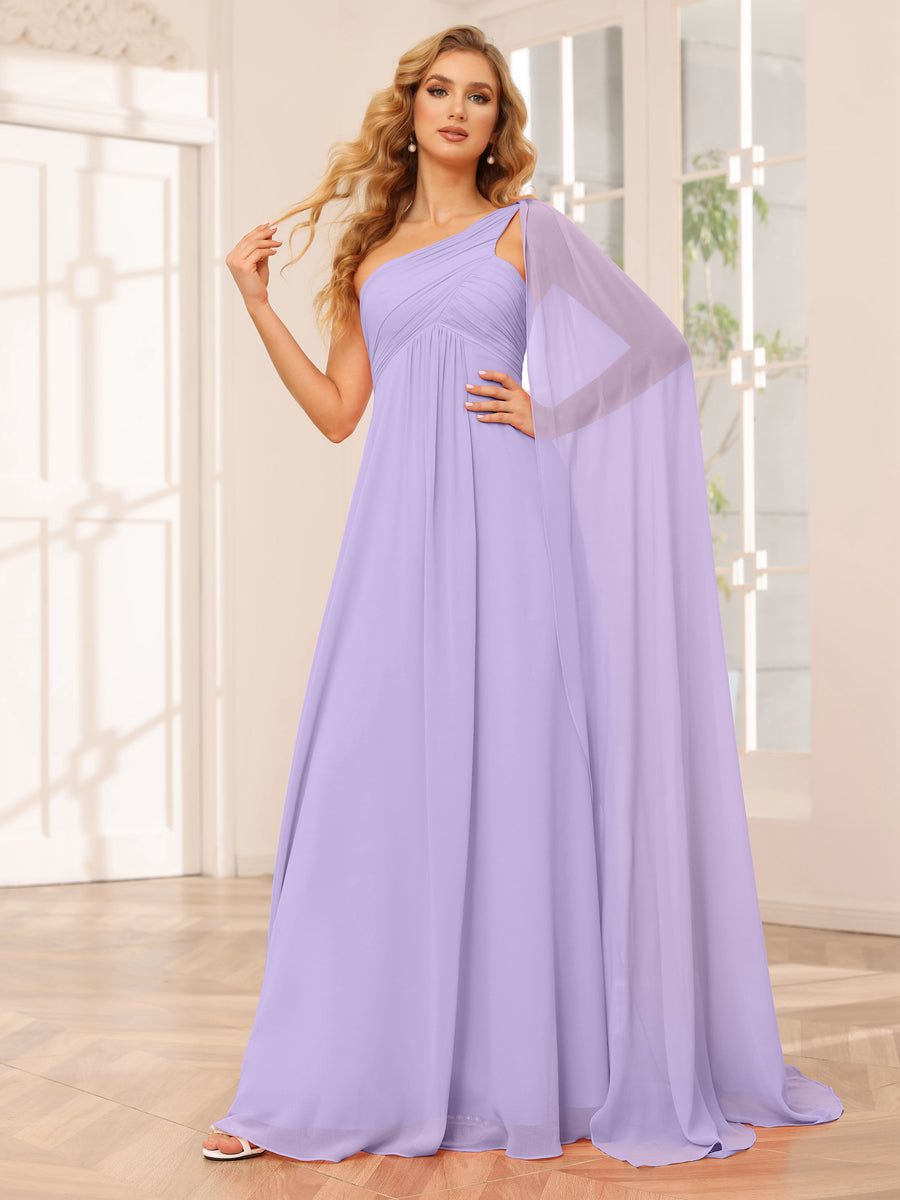 A-Line/Princess One-Shoulder Long Bridesmaid Dresses with Ruched Lilac