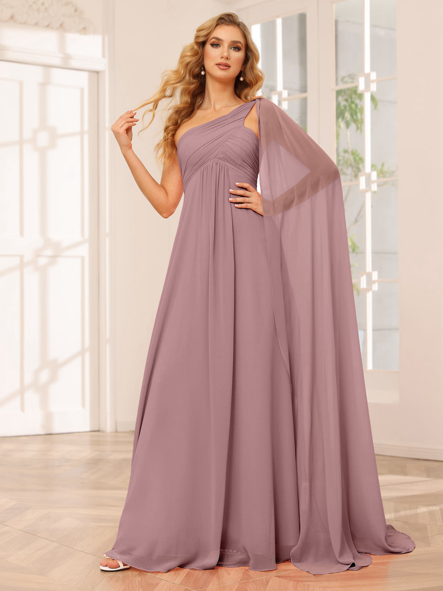 A-Line/Princess One-Shoulder Long Bridesmaid Dresses with Ruched Mauve