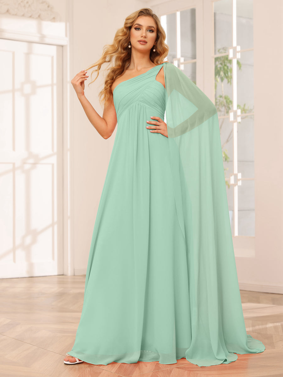 A-Line/Princess One-Shoulder Long Bridesmaid Dresses with Ruched Mint Green