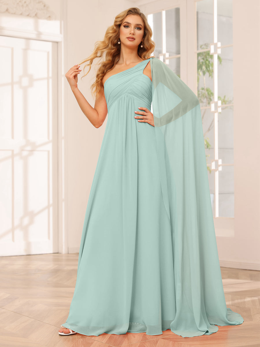 A-Line/Princess One-Shoulder Long Bridesmaid Dresses with Ruched Mist Blue