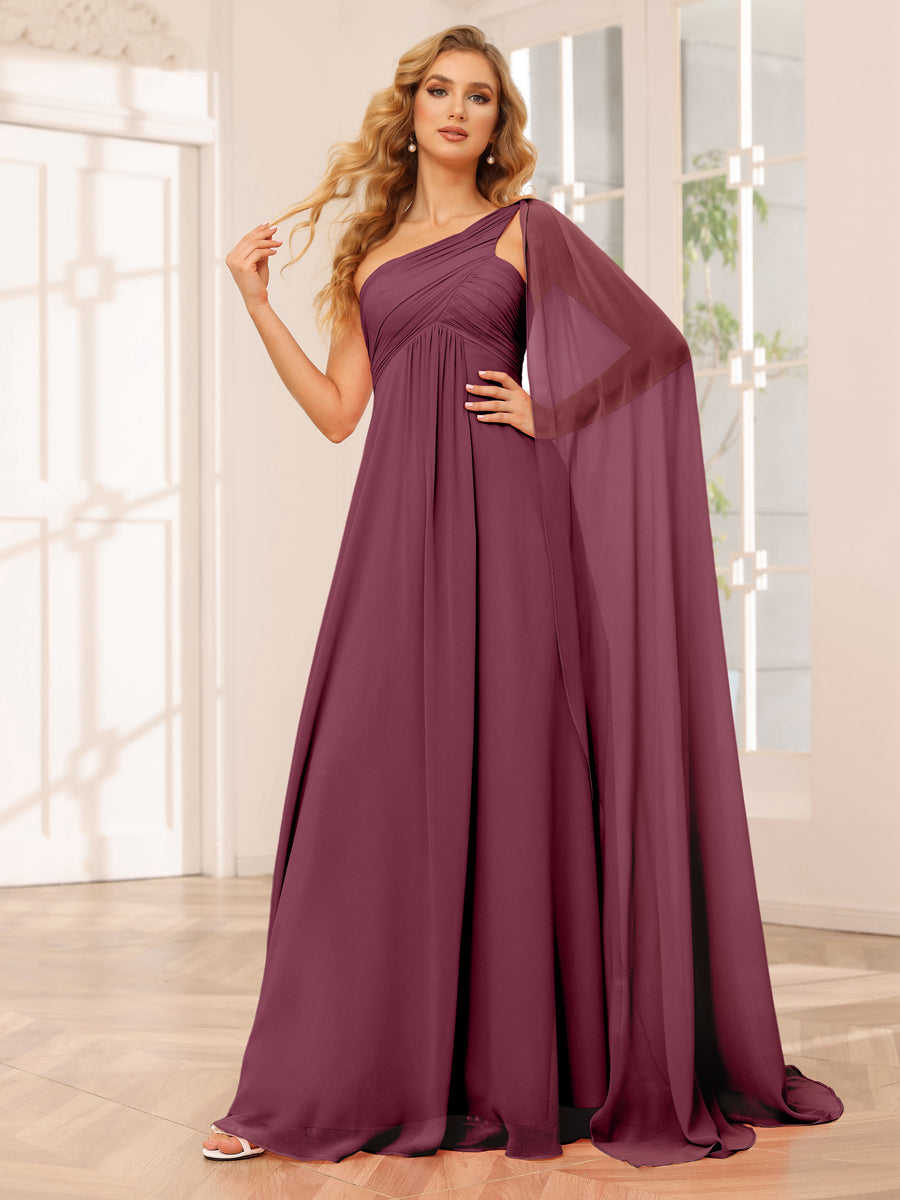 A-Line/Princess One-Shoulder Long Bridesmaid Dresses with Ruched Mulberry