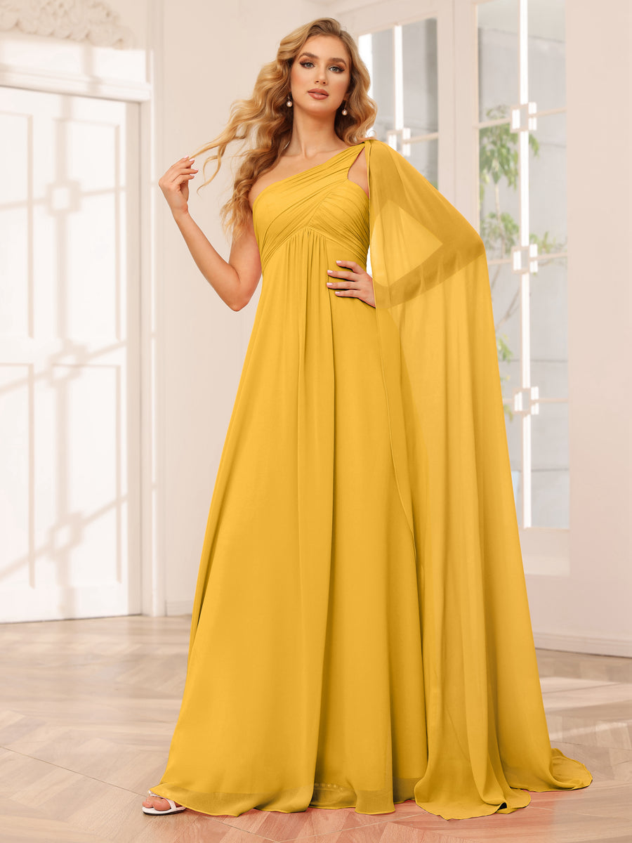 A-Line/Princess One-Shoulder Long Bridesmaid Dresses with Ruched Mustard Yellow