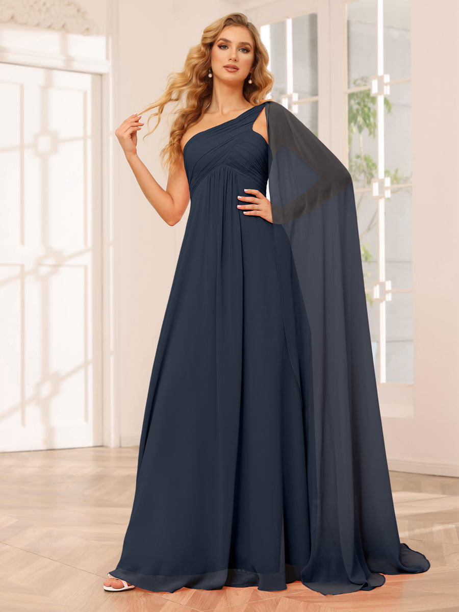 A-Line/Princess One-Shoulder Long Bridesmaid Dresses with Ruched Navy Blue