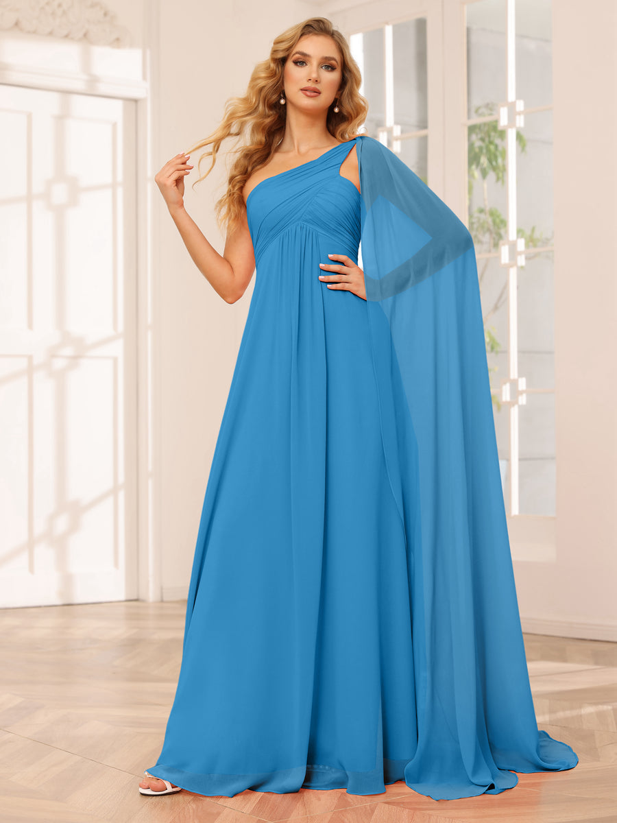 A-Line/Princess One-Shoulder Long Bridesmaid Dresses with Ruched Ocean Blue