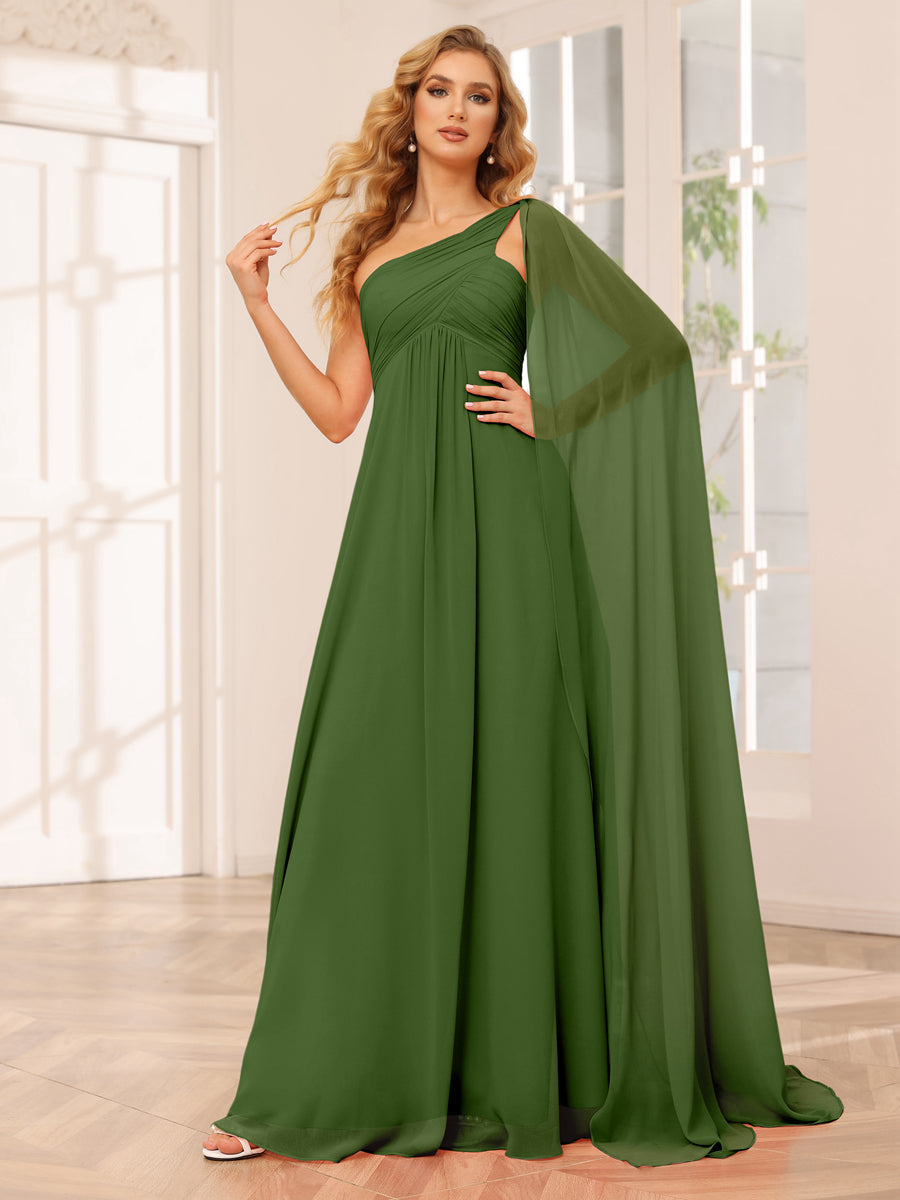 A-Line/Princess One-Shoulder Long Bridesmaid Dresses with Ruched Olive Green