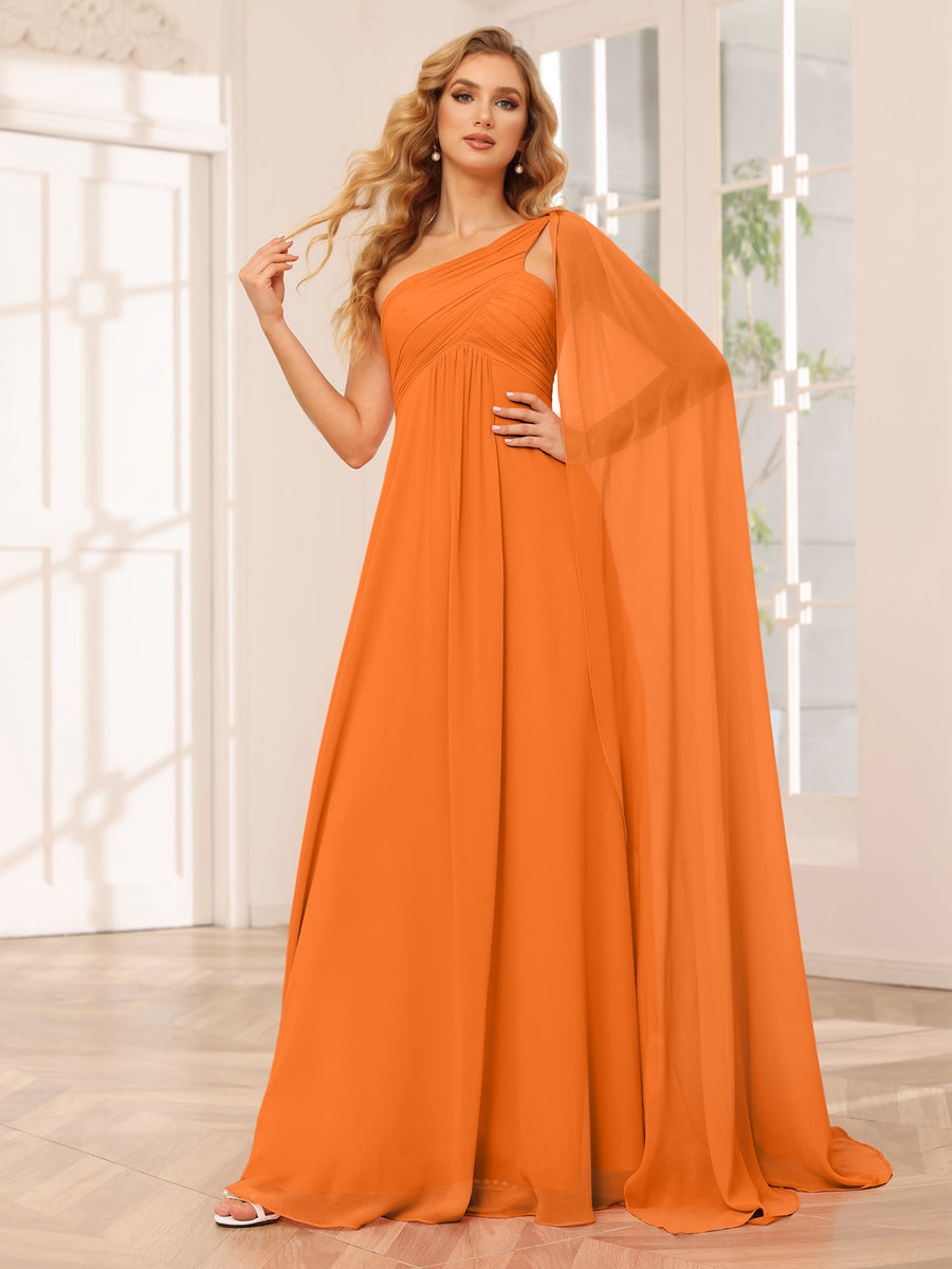 A-Line/Princess One-Shoulder Long Bridesmaid Dresses with Ruched Orange
