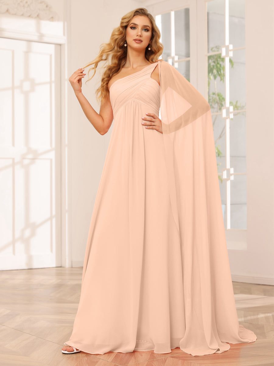 A-Line/Princess One-Shoulder Long Bridesmaid Dresses with Ruched Peach Pink