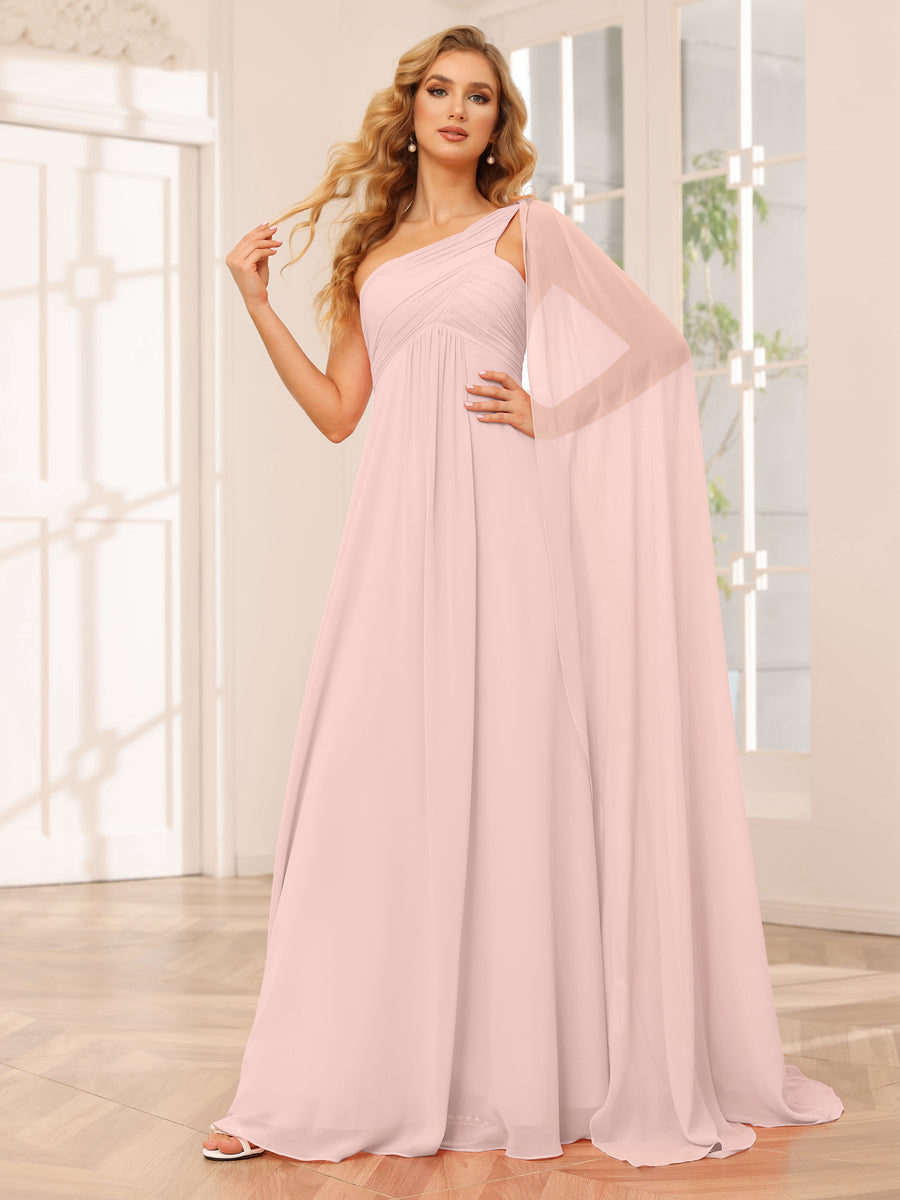 A-Line/Princess One-Shoulder Long Bridesmaid Dresses with Ruched Pearl Pink