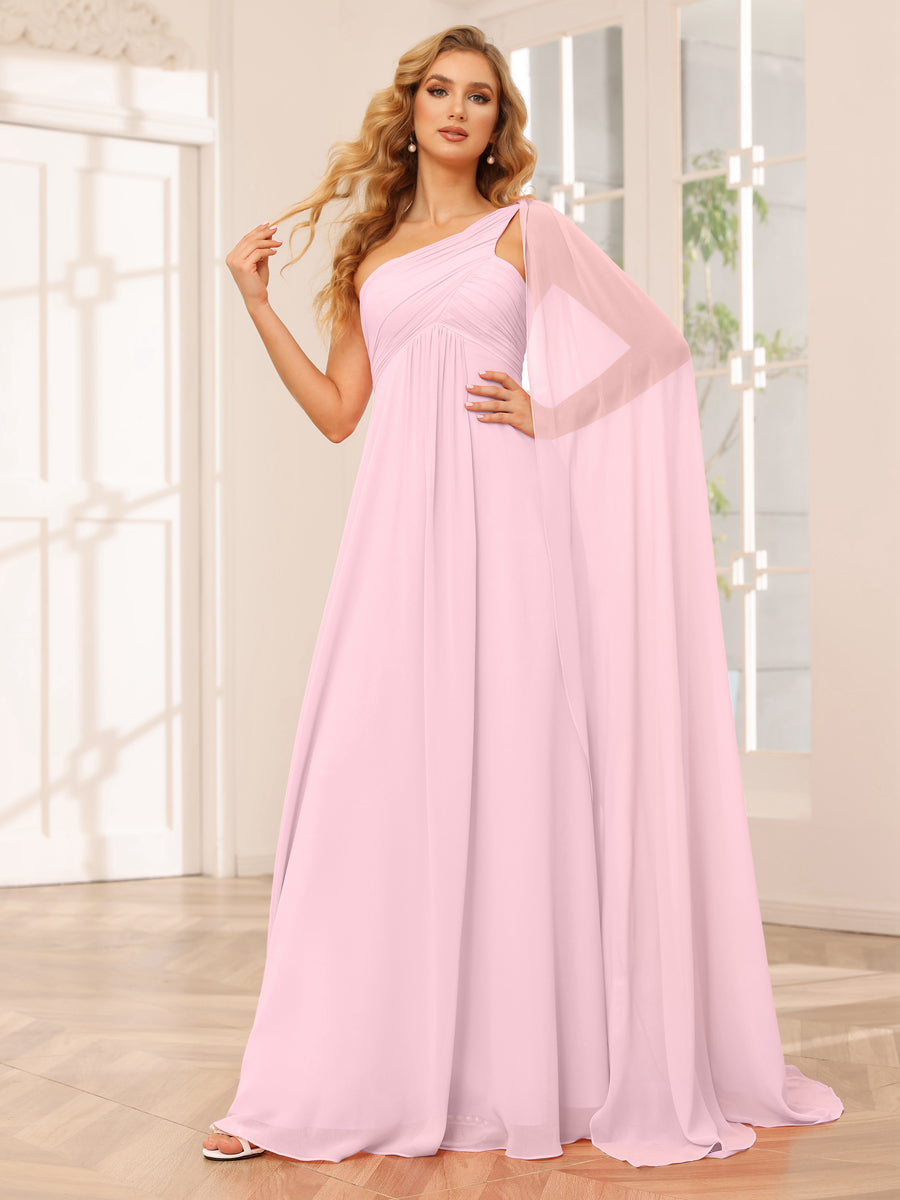 A-Line/Princess One-Shoulder Long Bridesmaid Dresses with Ruched Pink