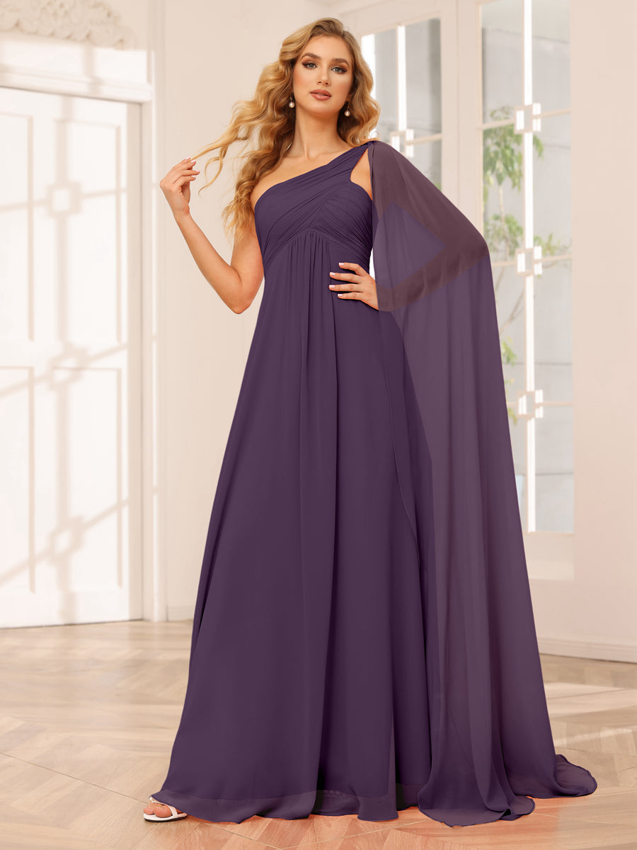 A-Line/Princess One-Shoulder Long Bridesmaid Dresses with Ruched Plum