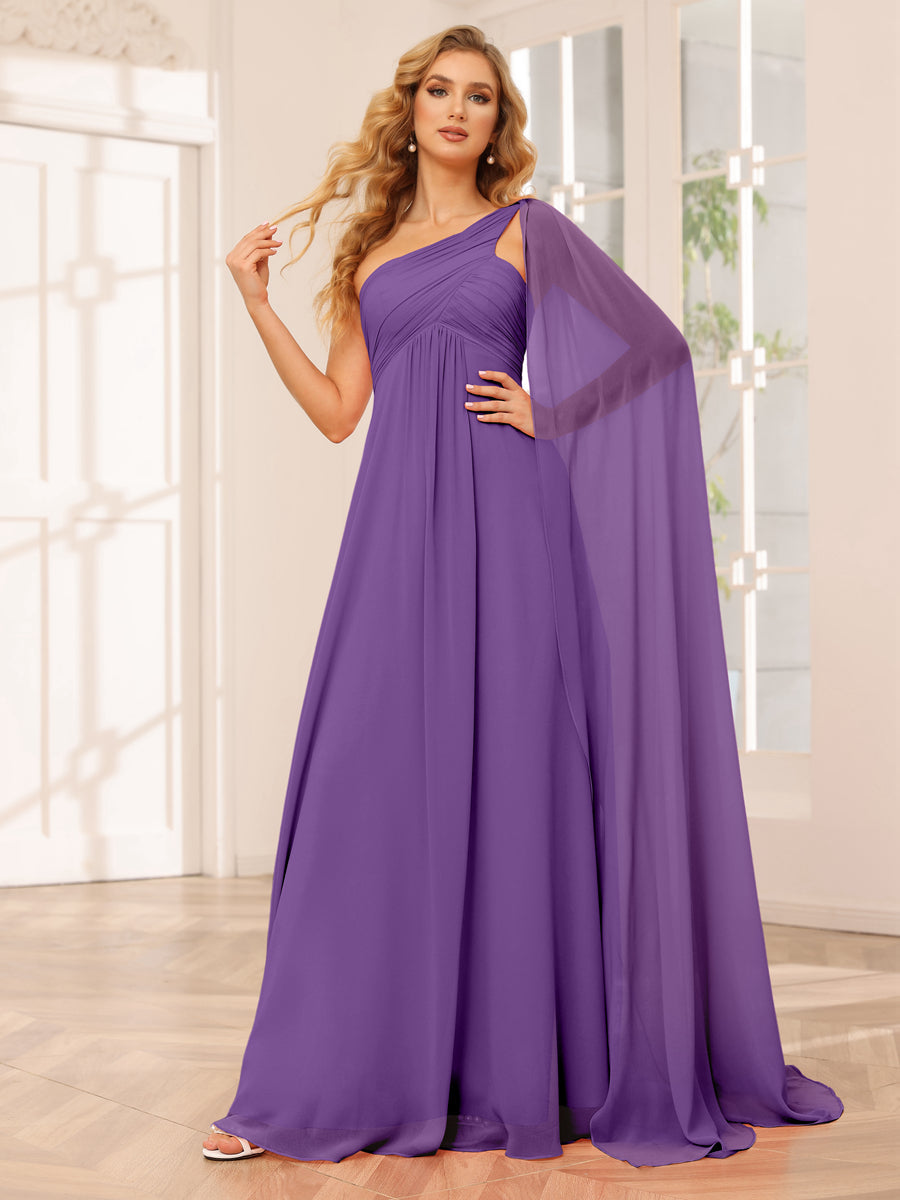 A-Line/Princess One-Shoulder Long Bridesmaid Dresses with Ruched Purple