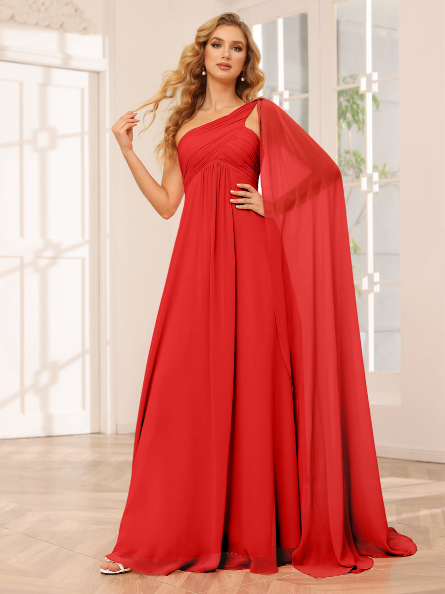 A-Line/Princess One-Shoulder Long Bridesmaid Dresses with Ruched Red