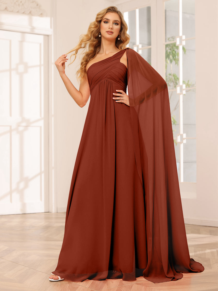 A-Line/Princess One-Shoulder Long Bridesmaid Dresses with Ruched Rust