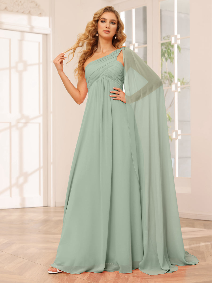 A-Line/Princess One-Shoulder Long Bridesmaid Dresses with Ruched Sage