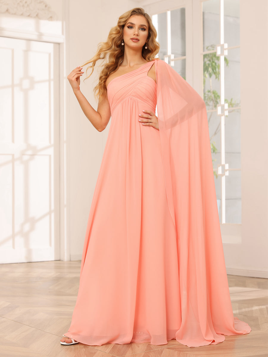 A-Line/Princess One-Shoulder Long Bridesmaid Dresses with Ruched Salmon