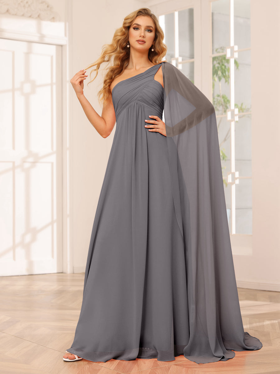 A-Line/Princess One-Shoulder Long Bridesmaid Dresses with Ruched Silver Gray